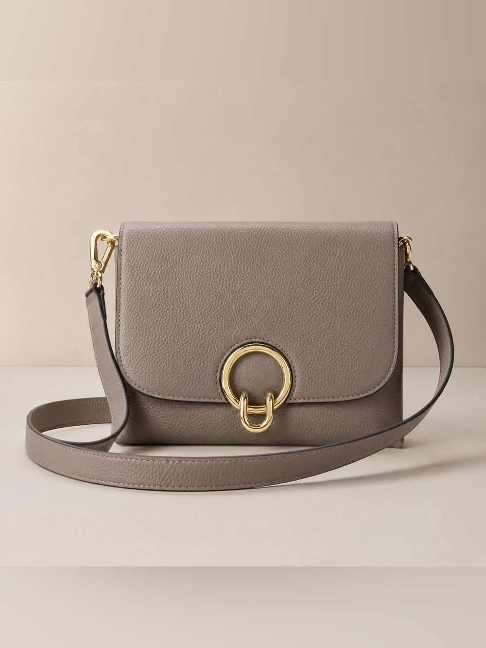 Rebecca Minkoff Isabelle Taupe Crossbody Bag with Gold Ring Accent